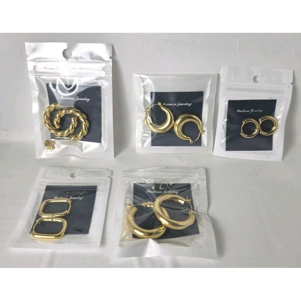 5 Pairs 14K Gold Plated Chunky Hoop Earrings Set - Hypoallergenic & Lightweight